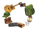 Watercolor round composition campsite with camera, backpack, gitar, boots, cup. Hand-drawn illustration hiking isolated