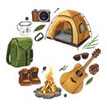 Watercolor round composition campsite with tent, campfire, backpack, gitar, boots. Hand-drawn illustration hiking