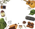 Watercolor round composition campsite with tent, campfire, backpack, gitar, boots. Hand-drawn illustration hiking