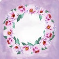 watercolor round composition with pink peones, spring flowers, hand drawn sketch of flowers wreath on watercolor Royalty Free Stock Photo