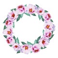 watercolor round composition with pink peones, spring flowers, hand drawn sketch of flowers wreath on white background Royalty Free Stock Photo