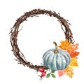 Watercolor autumn wreath, pumpkin, colorful leaves and rosehip berries, isolated on white background. Thanksgiving holiday Royalty Free Stock Photo