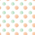 Watercolor round dots pattern. Seamless hand drawn pattern with soft pink and blue dots on white background. Hand drawn abstract