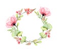 Watercolor round floral wreath. Circle arrangement of pink flowers, poppy, leaves. Card template with place for text