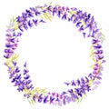 Watercolor round floral wreath, lavender flower frame. Hand drawn illustration isolated on white background high Royalty Free Stock Photo