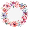 Watercolor round floral wreath, wildflowers meadow flowers frame. Hand drawn illustration isolated on white background Royalty Free Stock Photo