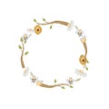 Watercolor round frame with bees, hive, branches and daisies. Natural floral wreath on a white background. For designing