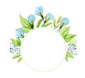 Watercolor round frame with blue flowers. Card template with transparent snowdrops and fresh green leaves. Place for Royalty Free Stock Photo