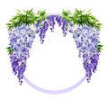 watercolor round frame with branch of wisteria blossom flowers, hand drawn illustration with spring lilac flowers, blue