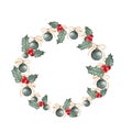 Watercolor round frame with Christmas tree green vintage balls and holly with red berries. Festive wreath for outdoor Royalty Free Stock Photo