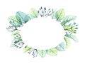 Watercolor round frame with eucalyptus leaves. Card template with transparent fresh green leaves. Place for text and Royalty Free Stock Photo
