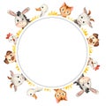 Watercolor round frame with farm animals, goose, goat, donkey, cat, dog, rooster Royalty Free Stock Photo