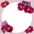 Watercolor round frame of flowers with pink and red petals Royalty Free Stock Photo