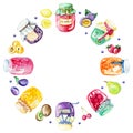 Watercolor round frame with jams and fruits Royalty Free Stock Photo