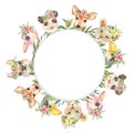 Watercolor round frame with mexican cute cartoon animals, plants.