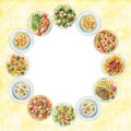 Watercolor round frame with plates with food