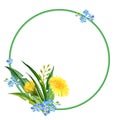 watercolor round frame with summer yellow flowers blow ball, hand draw dandelions, forget me not flowers and leaves Royalty Free Stock Photo