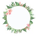 Watercolor round frame with tropical leaves and flowers Royalty Free Stock Photo