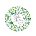 Watercolor round template with home plants cactus and hand drawn lettering - garden factory. Collection of house flowerpots in Royalty Free Stock Photo