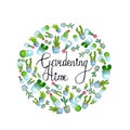 Watercolor round template with home plants cactus and hand drawn lettering - gardening time. Collection of house flowerpots in