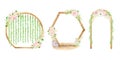 Watercolor round wedding arch. Hand drawn wood bohemian archway with flower bouquets and greenery isolated on white