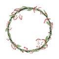 Watercolor round wreath of branches and red berries
