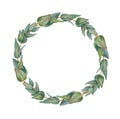 Watercolor round wreath with green eucalyptus leaves and branches. Royalty Free Stock Photo