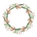 Watercolor round wreath with winter christmas plants, branches, spruce, berries, leaves in green and brown