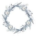 Watercolor round wreath with winter christmas plants, branches, spruce, pine, flowers, leaves in blue Royalty Free Stock Photo