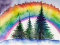 Watercolor of a row of pine trees. With rainbow in the distance. Royalty Free Stock Photo