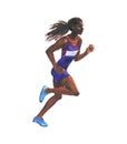 Watercolor running athletic African woman on white background.