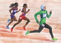 Watercolor running athletic women at the stadium.