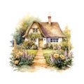 Watercolor rural cottage house among green trees with wooden fence hand painted illustration. Summer village cozy home Royalty Free Stock Photo