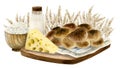 Watercolor rural farm rustic Jewish Shavuot, bowl with cottage cheese, wheat field harvest, dairy products, challah