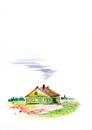 watercolor rural house in a meadow with a fence