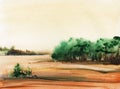 Watercolor rural landscape. Blurred brown bare fields, wooded areas with green leafy trees against background of bizarre beige sky