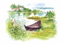 Watercolor rural Landscape with boat vector illustration Royalty Free Stock Photo