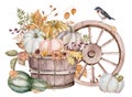 Watercolor rustic composition with pumpkins, flowers, birds and a wooden wagon wheel. Fall harvest. Royalty Free Stock Photo