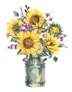 Watercolor rustic farmhouse sunflower bouquet, vintage jug, vase Royalty Free Stock Photo