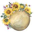 Watercolor rustic farmhouse sunflower round label. Wildflowers, meadow flowers bouquet