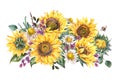 Watercolor rustic farmhouse sunflower wildflowers, meadow flowers bouquet