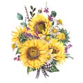 Watercolor rustic farmhouse sunflower wildflowers, meadow flowers bouquet
