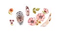 Watercolor rustic floral collection. Pink and golden wild flowers: rose hip, briar, leaves, feathers, isolated on white