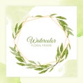 Watercolor rustic greenery floral frame with golden line