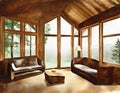 Watercolor of of a rustic living room with wooden chalet style