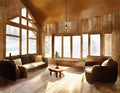 Watercolor of of a rustic living room with wooden chalet style