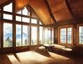 Watercolor of of a rustic living room with wooden chalet style