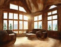 Watercolor of of a rustic living room with wooden chalet style