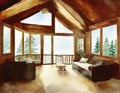 Watercolor of of a rustic living room with wooden chalet style