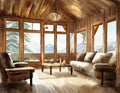 Watercolor of of a rustic living room with wooden chalet style